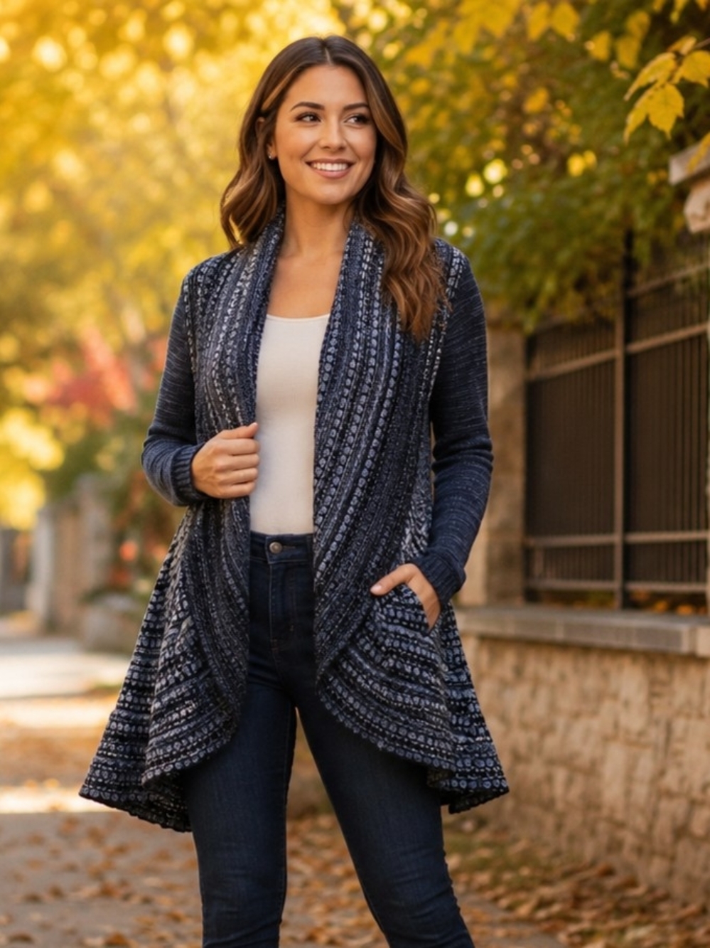 Kanana Blue Black Textured Knit Long Cardigan Sweater
